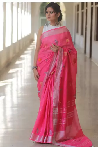 Pink handwoven pink embroidered linen saree