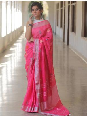 Pink handwoven pink embroidered linen saree 3