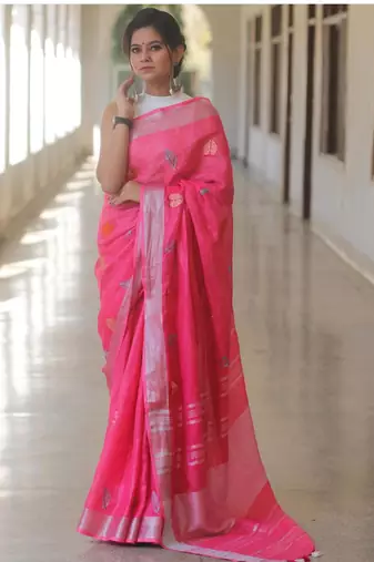 Pink handwoven pink embroidered linen saree