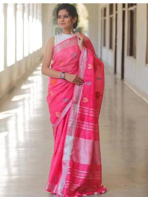 Pink handwoven pink embroidered linen saree 4