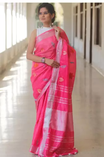Pink handwoven pink embroidered linen saree
