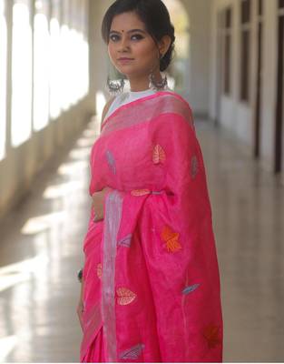 Pink handwoven pink embroidered linen saree 5