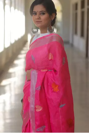 Pink handwoven pink embroidered linen saree