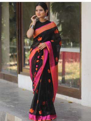 Black handwoven black linen saree with embroidery work 1