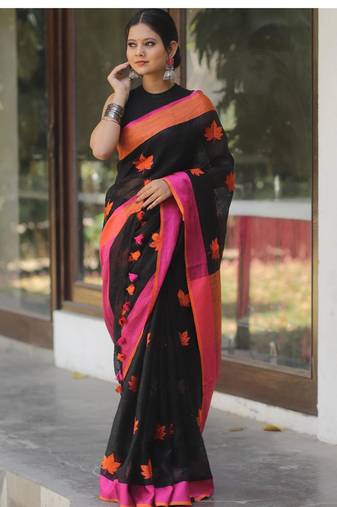 Black handwoven black linen saree with embroidery work