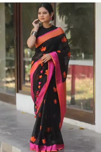 Black handwoven black linen saree with embroidery work