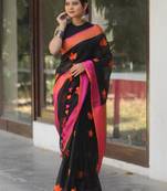 Black handwoven black linen saree with embroidery work