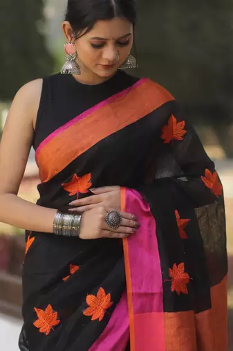 Black handwoven black linen saree with embroidery work