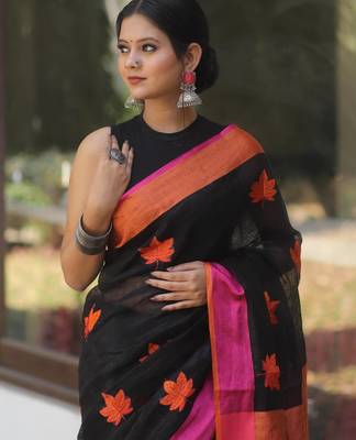Black handwoven black linen saree with embroidery work 3
