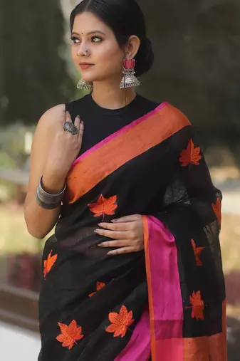 Black handwoven black linen saree with embroidery work