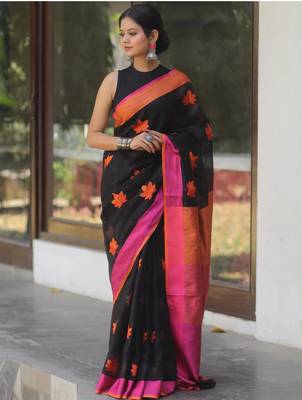 Black handwoven black linen saree with embroidery work 4
