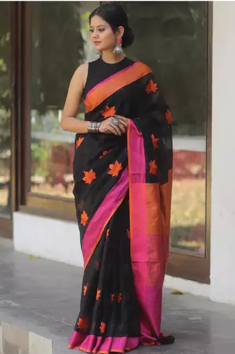 Black handwoven black linen saree with embroidery work
