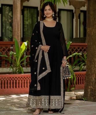 Black faux georgette embroidery work long gown 1