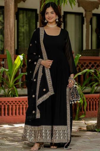 Black colour faux georgette embroidery work long gown