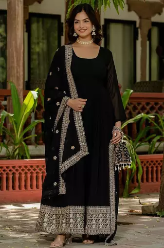 Black colour faux georgette embroidery work long gown