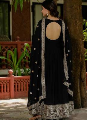 Black faux georgette embroidery work long gown 2