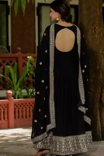 Black faux georgette embroidery work long gown