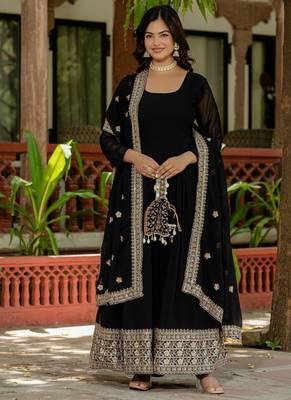 Black faux georgette embroidery work long gown 3