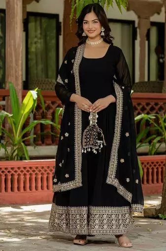 Black faux georgette embroidery work long gown
