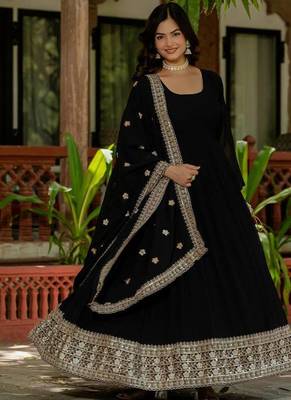 Black faux georgette embroidery work long gown 4
