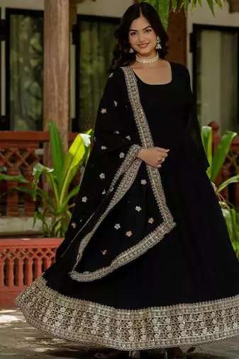 Black faux georgette embroidery work long gown