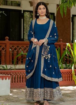 Blue colour faux georgette embroidery work long gown 1