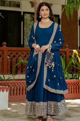 Blue colour faux georgette embroidery work long gown