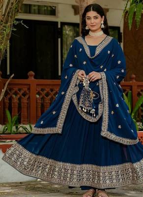 Blue colour faux georgette embroidery work long gown 3