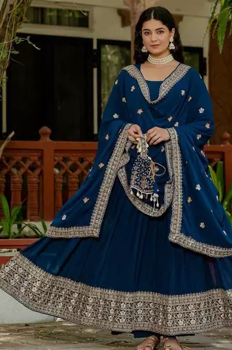 Blue colour faux georgette embroidery work long gown