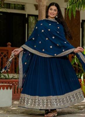 Blue colour faux georgette embroidery work long gown 4