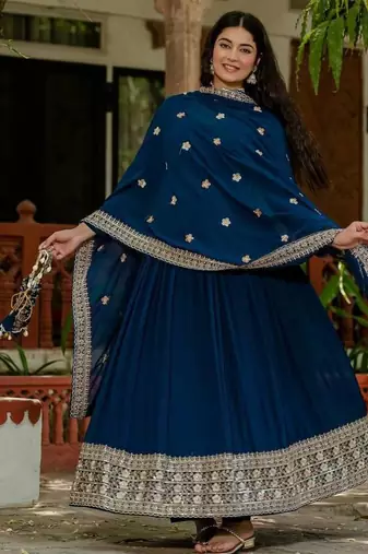 Blue colour faux georgette embroidery work long gown