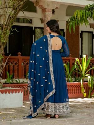Blue colour faux georgette embroidery work long gown 5
