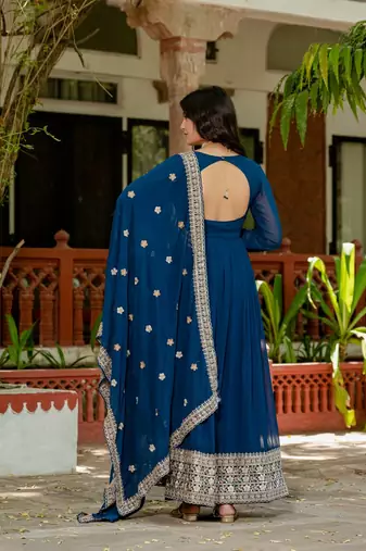 Blue colour faux georgette embroidery work long gown