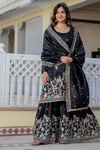 Black colour gold crush embroidery work plazo set