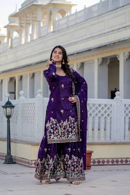 Purple colour gold crush embroidery work plazo set 1