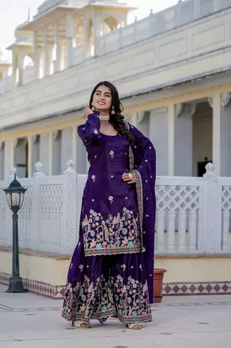 Purple colour gold crush embroidery work plazo set