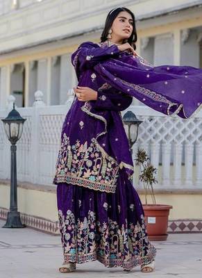 Purple colour gold crush embroidery work plazo set 4