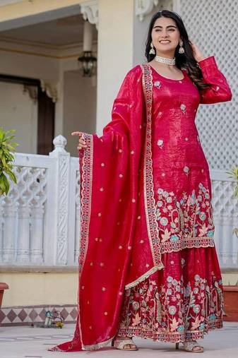 Red colour gold crush embroidery work plazo set