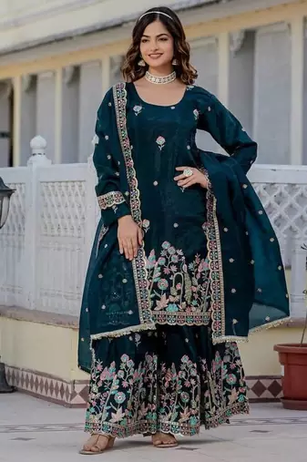 Teal colour gold crush embroidery work plazo set