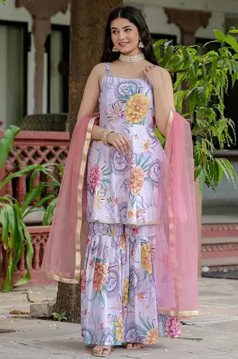 Lavender colour chinnon silk digital print with ari work sharara set