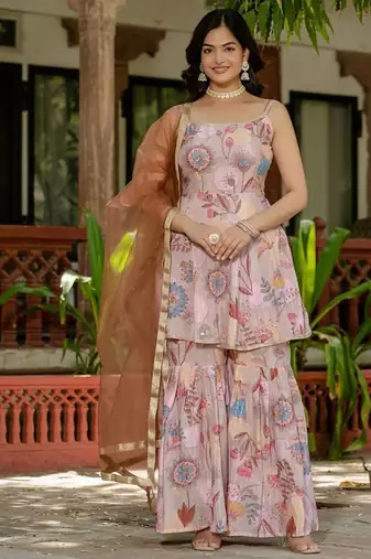 Peach colour chinnon silk digital print with ari work sharara set