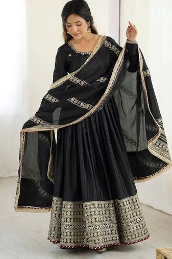 Black colour chinnon silk embroidery work long gown