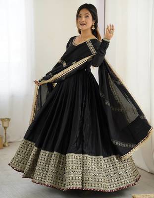 Black chinnon silk embroidery work long gown 3