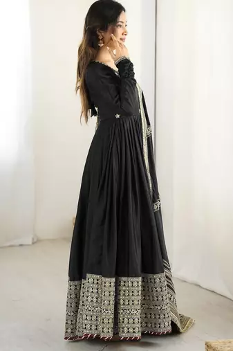 Black chinnon silk embroidery work long gown