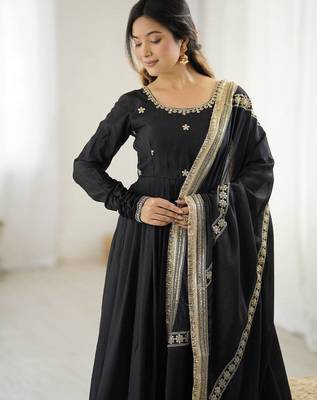 Black chinnon silk embroidery work long gown 5