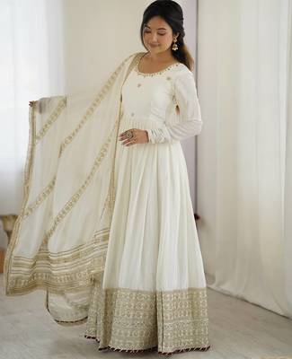 White colour chinnon silk embroidery work long gown 1