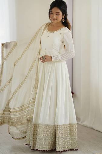 White colour chinnon silk embroidery work long gown