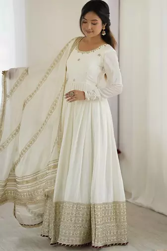 White colour chinnon silk embroidery work long gown
