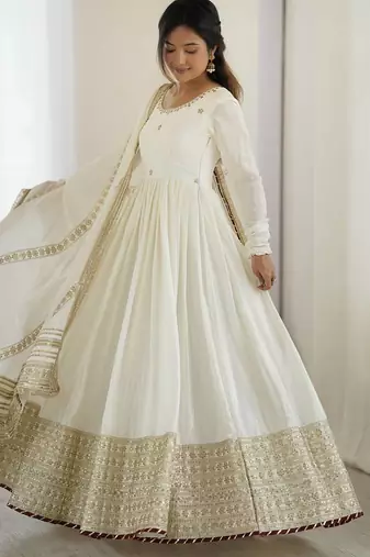 White colour chinnon silk embroidery work long gown