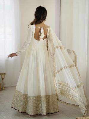 White colour chinnon silk embroidery work long gown 4